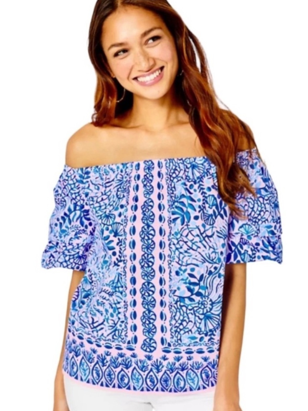 LILLY PULITZER ‘Frankee’ Off-The-Shoulder Top in High Tide Vibes